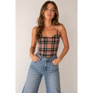 Dainty Lingerie Bodysuit L Pink Plaid High Cut Thong Stretch Spaghetti Strap